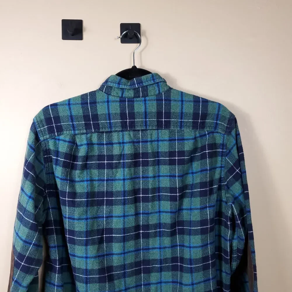 J. Crew Plaid Button-up Flannel Shirt with Leather Elbow Patches Size M